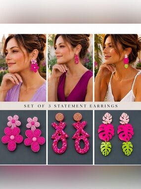 Pink Beaded Statement Earrings Set | XO, Floral & Palm Leaf Trio